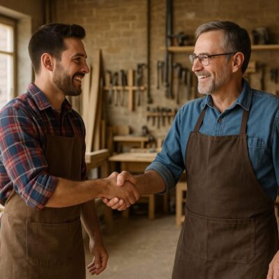 Zwei freundliche Schreiner geben sich in einer gut ausgestatteten Werkstatt die Hand – ein Symbol für Teamarbeit und Vertrauen im Handwerk. Wir suchen aktuell einen motivierten Minijobber (m/w/d) im Raum Grafschaft Bentheim zur Unterstützung unseres Schreinerbetriebs. Bewirb dich jetzt und werde Teil eines eingespielten, bodenständigen Teams mit Herz fürs Handwerk.