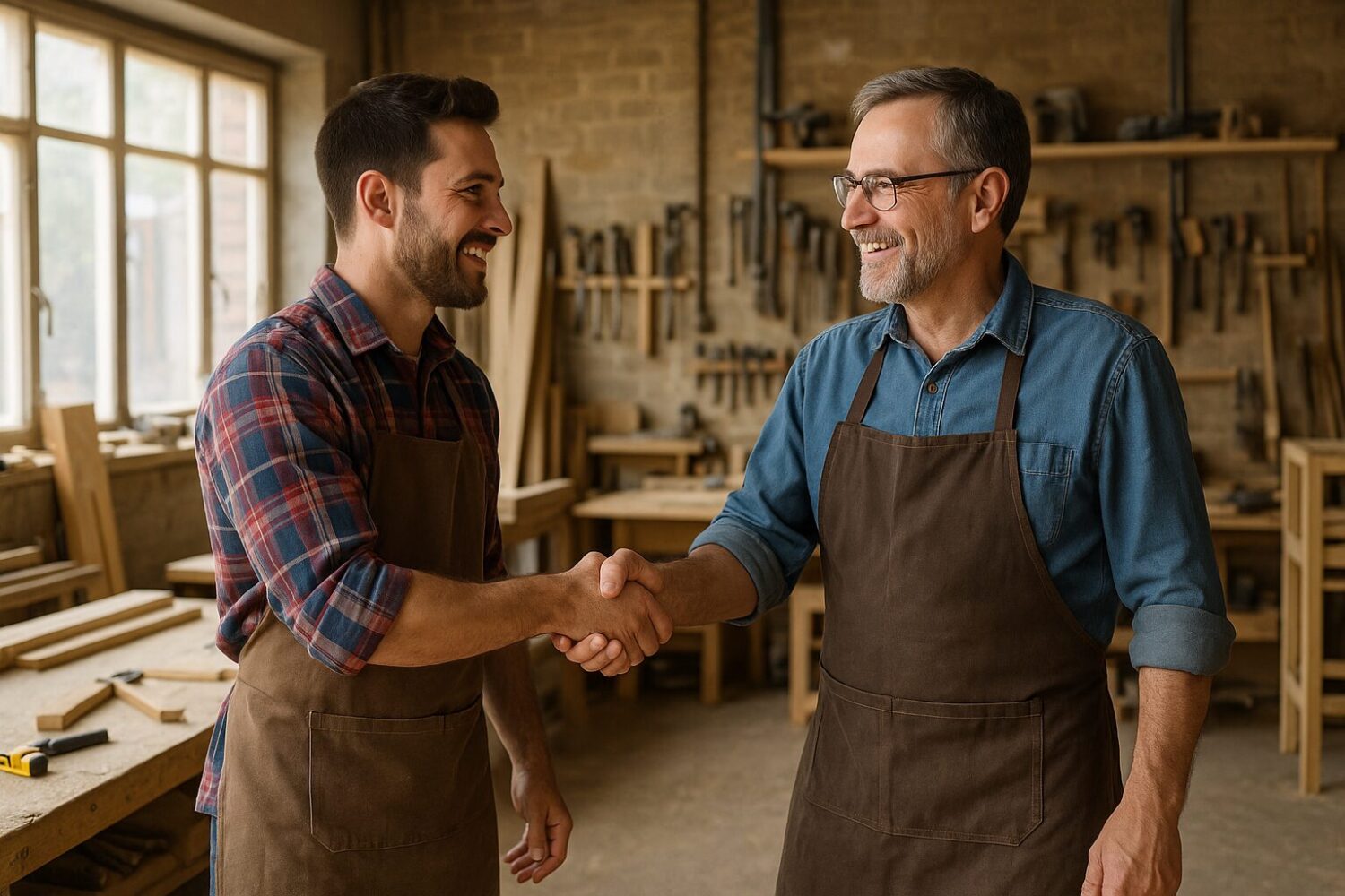 Zwei freundliche Schreiner geben sich in einer gut ausgestatteten Werkstatt die Hand – ein Symbol für Teamarbeit und Vertrauen im Handwerk. Wir suchen aktuell einen motivierten Minijobber (m/w/d) im Raum Grafschaft Bentheim zur Unterstützung unseres Schreinerbetriebs. Bewirb dich jetzt und werde Teil eines eingespielten, bodenständigen Teams mit Herz fürs Handwerk.