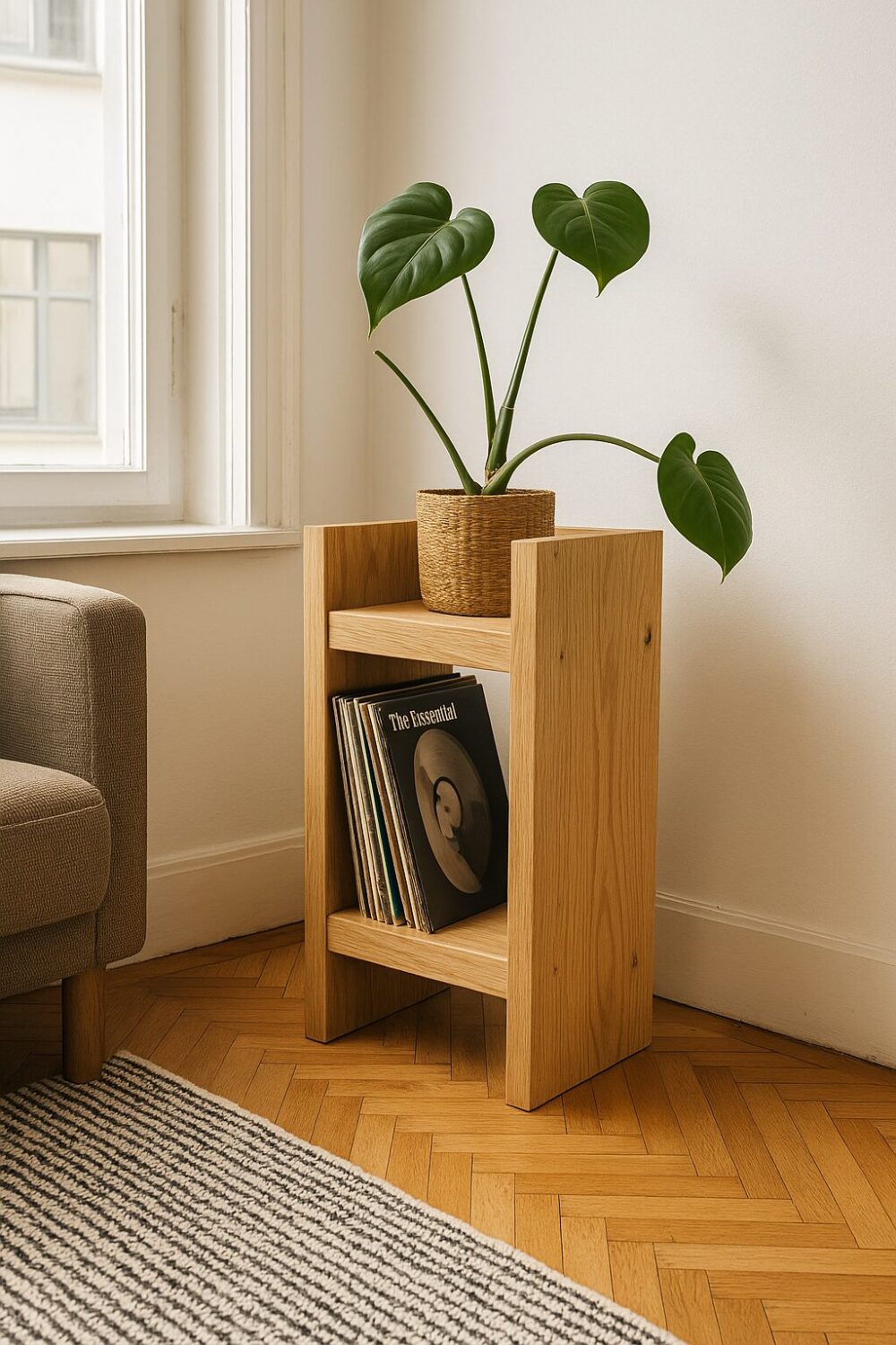 Vinylregal und Blumentopfständer aus Eiche