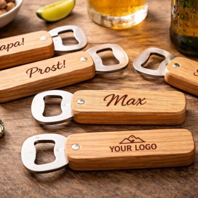 Bieröffner mit Personalisierung Gravur Lasergravur DIY Werbegeschenk Handmade aus Eichenholz regional