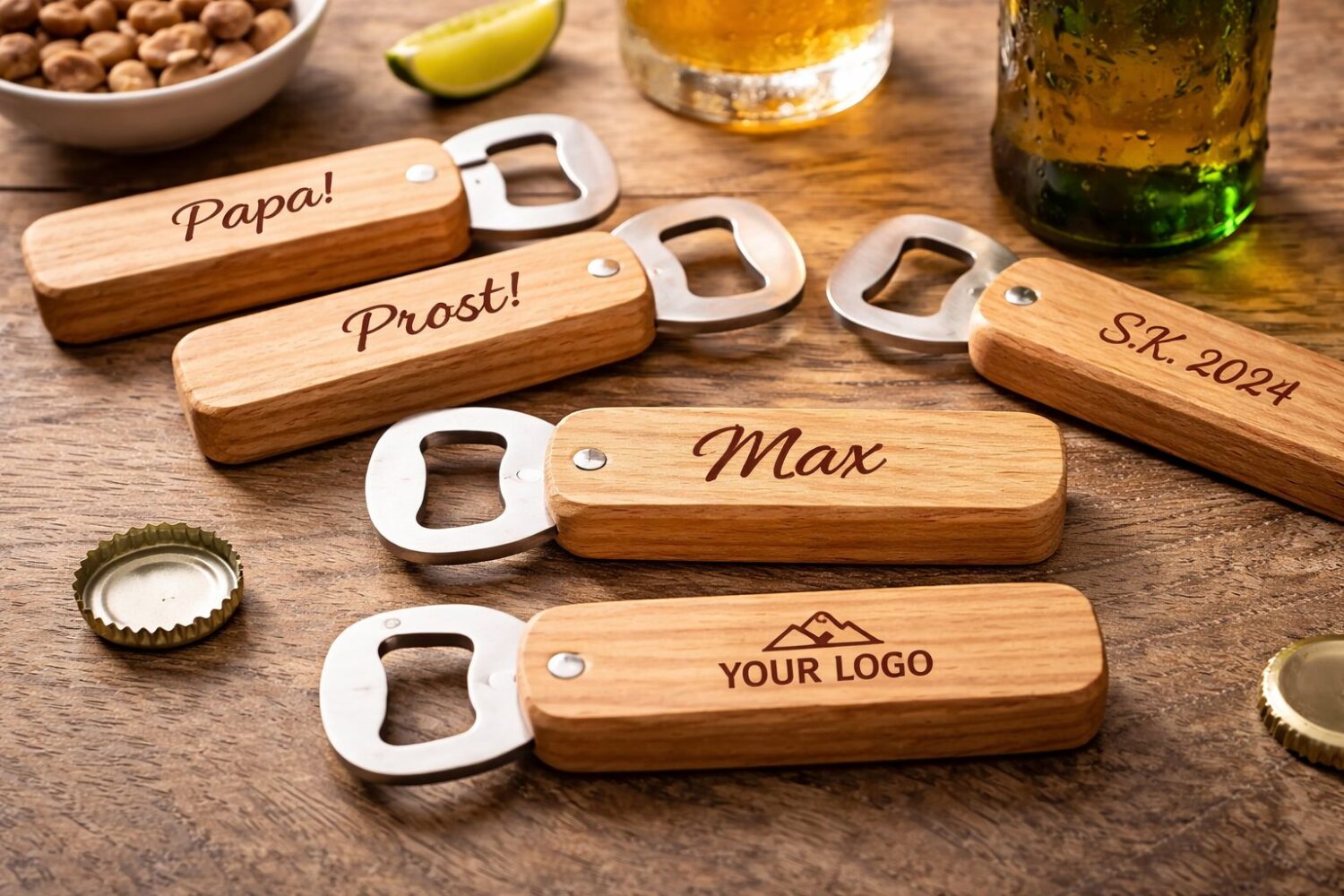 Bieröffner mit Personalisierung Gravur Lasergravur DIY Werbegeschenk Handmade aus Eichenholz regional