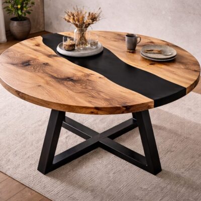 runder Rivertable, Rivertable rund Eiche, Epoxidharz Tisch rund, runder Esstisch Eiche Kunstharz, Rivertable Eiche rund handgefertigt, runder Massivholz Tisch Eiche, Rivertable rund Deutschland, Rivertable Niedersachsen, Designer Esstisch rund Eiche, River Table rund Epoxidharz