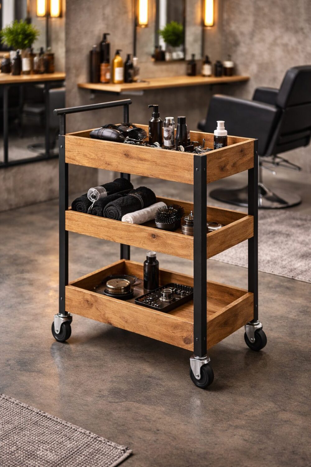 Friseurwagen, Salonwagen, Friseurwagen Eiche, Salonwagen Holz, Friseurwagen Industrial, Salonwagen Industrial Design, Friseurwagen aus Eichenholz, Friseurwagen Stahl, Barber Wagen, Barbershop Wagen, Salon Möbel Industrial, Friseur Möbel Holz, Friseurwagen mit Rollen, Salonwagen mit Rollen, Friseurwagen handgemacht, Salonwagen Unikat, Friseurwagen massiv, Friseurwagen hochwertig, Barber Möbel Holz, Salon Einrichtung Industrial