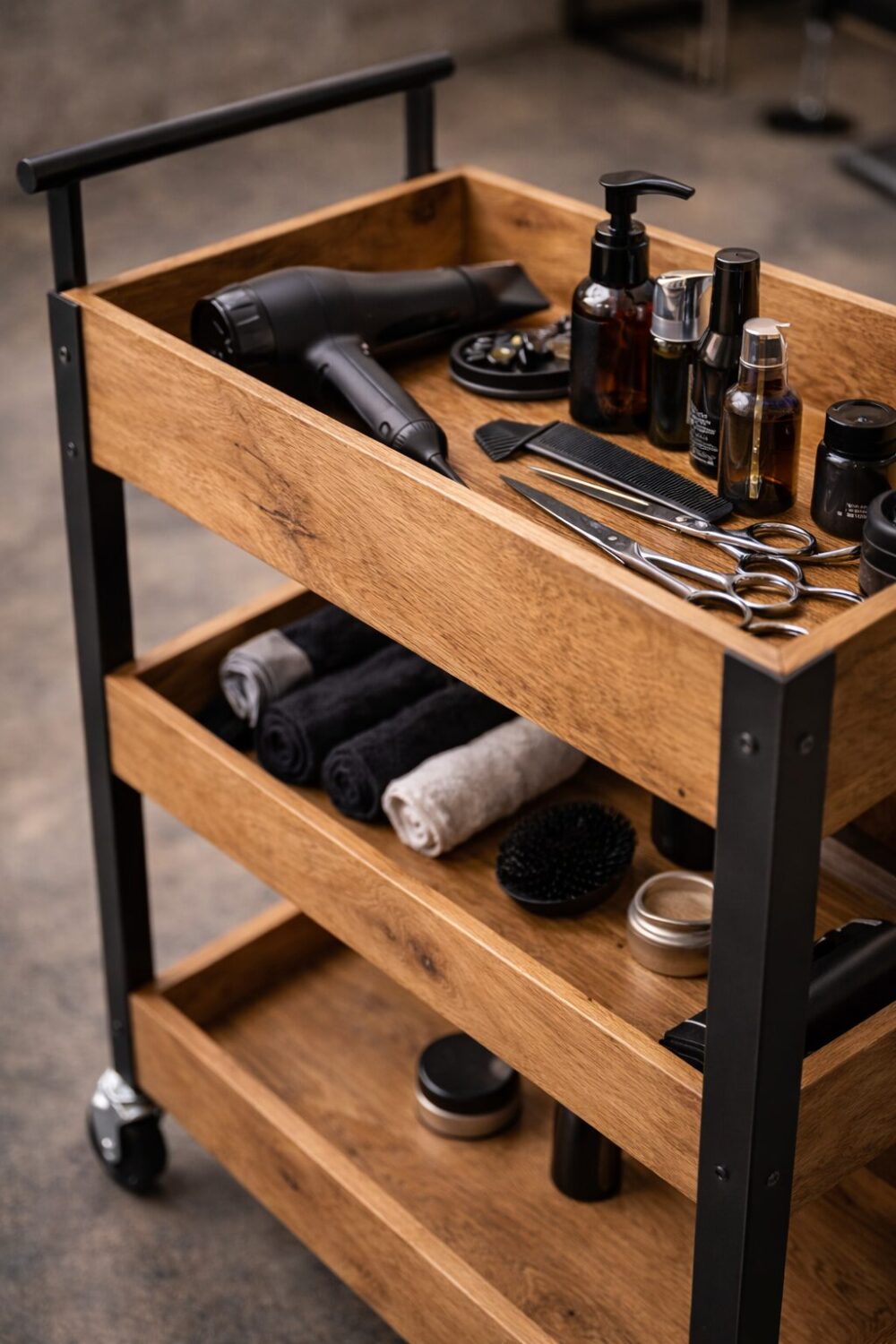 Friseurwagen, Salonwagen, Friseurwagen Eiche, Salonwagen Holz, Friseurwagen Industrial, Salonwagen Industrial Design, Friseurwagen aus Eichenholz, Friseurwagen Stahl, Barber Wagen, Barbershop Wagen, Salon Möbel Industrial, Friseur Möbel Holz, Friseurwagen mit Rollen, Salonwagen mit Rollen, Friseurwagen handgemacht, Salonwagen Unikat, Friseurwagen massiv, Friseurwagen hochwertig, Barber Möbel Holz, Salon Einrichtung Industrial