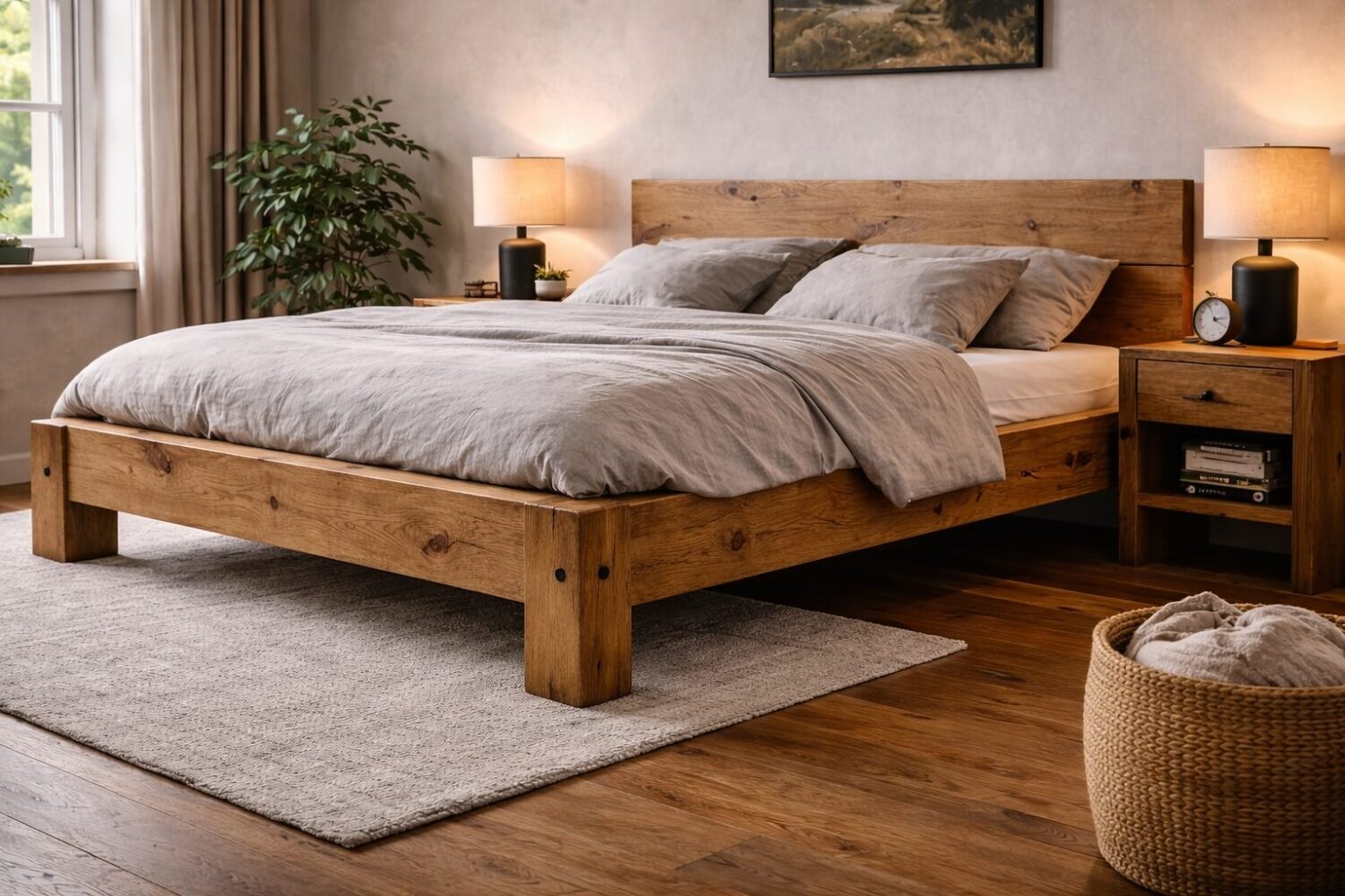 Bettgestell Eiche, Bett 200x200, Massivholzbett, Holzbett rustikal, Bettgestell Holz, Bettgestell massiv, Eichenbett, Kingsize Bett Holz, Bettgestell modern, Bettgestell handmade, Bettgestell nachhaltig, Bett Rahmen Eiche, Bettgestell mit Kopfteil
