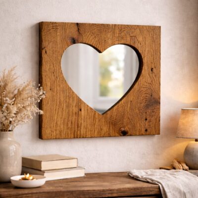 holzspiegel herz, valentinstag deko holz, wandspiegel herzform, eichenholz spiegel, valentinstag geschenk, spiegel aus holz, herz wanddeko, nachhaltige deko, handmade spiegel, wohnaccessoire holz, moderner spiegel, holz deko liebe, geschenk für paare