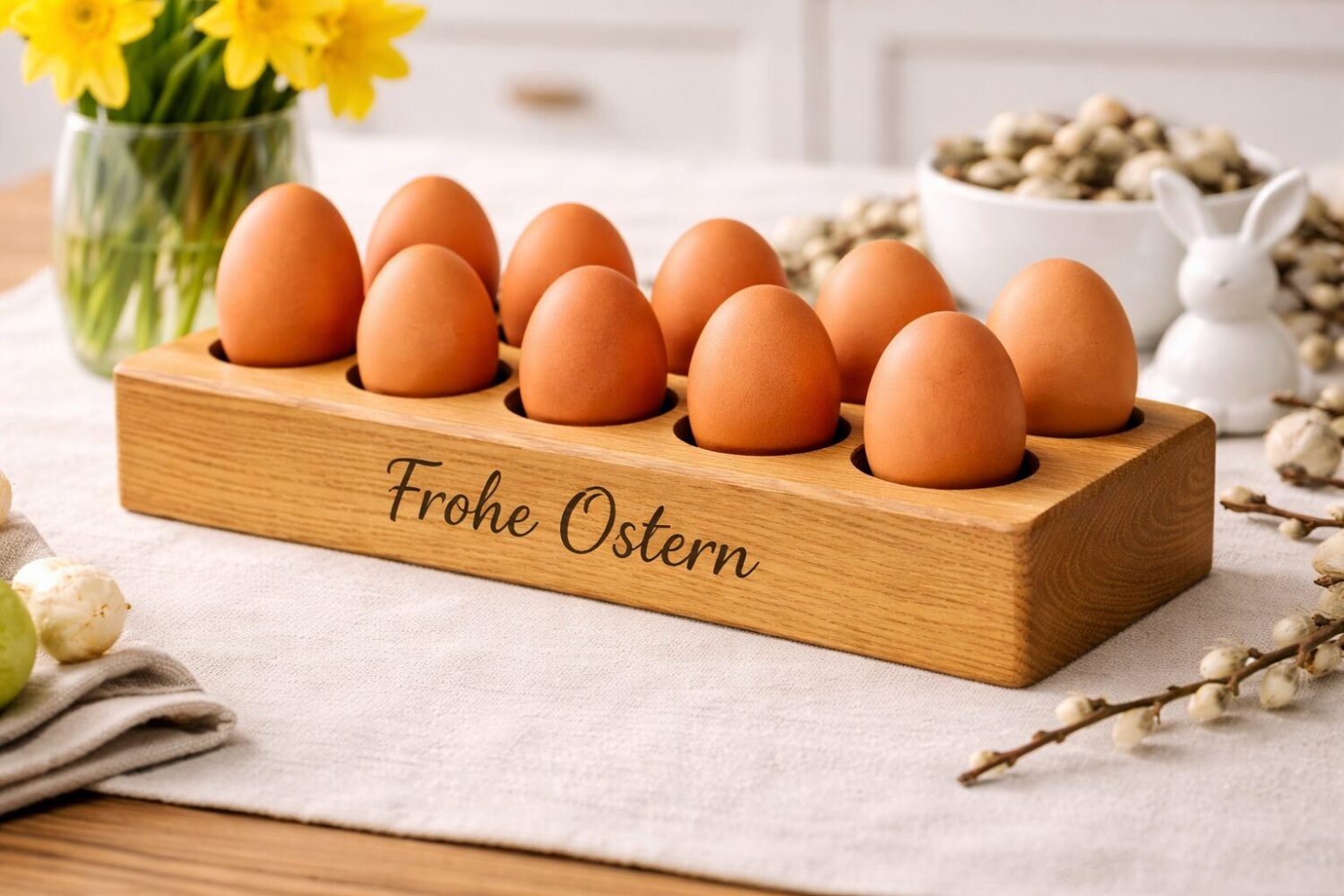 eierhalter eiche, eierhalter 10 eier, eierständer holz, osterdeko holz, frohe ostern gravur, eierhalter massivholz, easter egg holder, wooden egg stand, osterbrunch deko, eierhalter gravur, ostergeschenk holz, eiche ostern, egg holder oak
