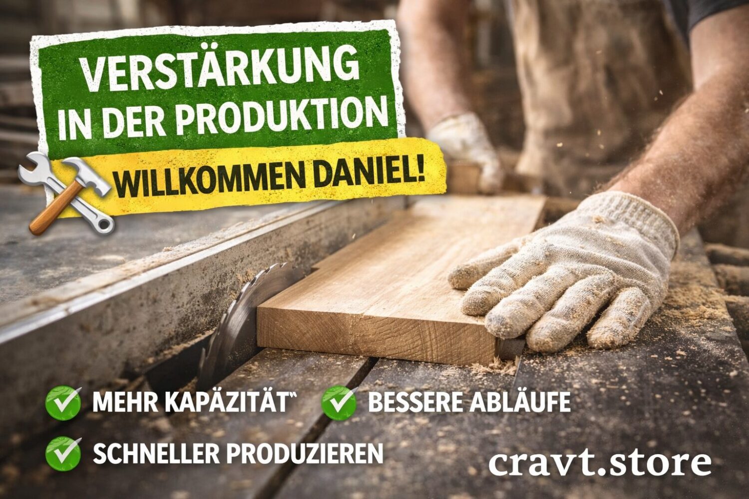Zuwachs bei Cravtboard: Daniel unterstützt ab sofort die Produktion in der Holzwerkstatt. Mehr Kapazität, bessere Abläufe und schnellere Fertigung.
