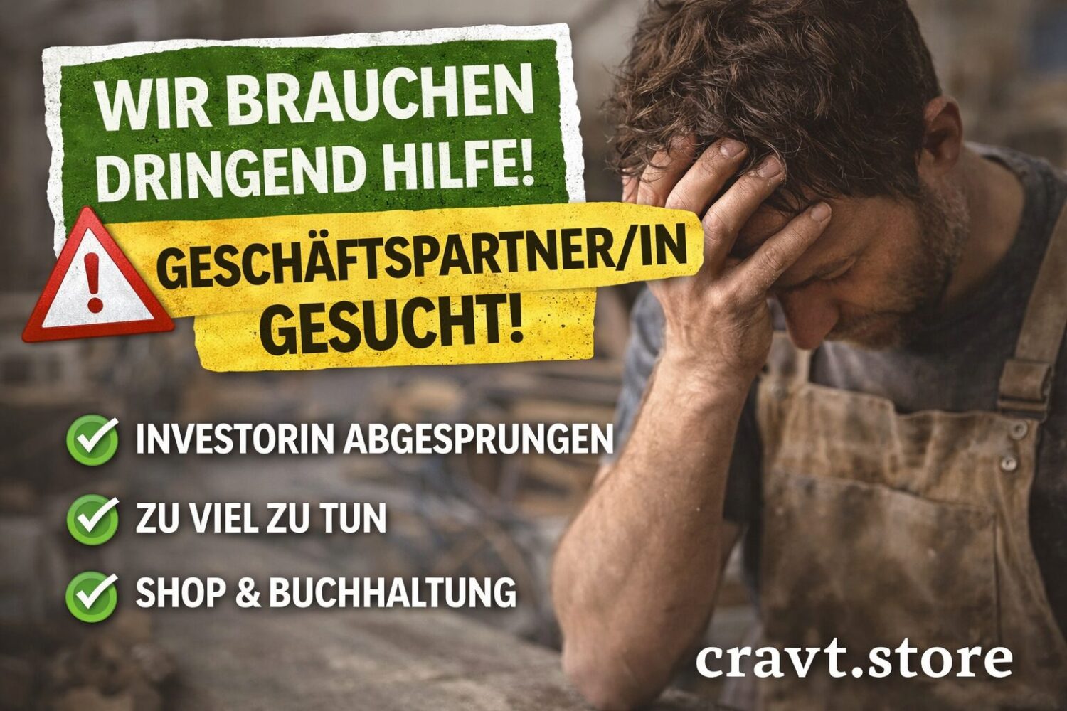 geschäftspartner gesucht handwerk, investor abgesprungen startup deutschland, startup hilfe gesucht deutschland, holzwerkstatt partner gesucht, unternehmer partner finden deutschland, handwerk startup mitarbeiter gesucht, shop management unterstützung gesucht, buchhaltung hilfe kleines unternehmen, startup überlastung lösung, kleine firma hilfe gesucht, holz startup partner deutschland, unternehmen wachsen probleme handwerk, nachhaltiges handwerk mitarbeiter gesucht, shop betreuung woocommerce hilfe, finanzbuchhaltung kleine firma, startup belastung unternehmer, unternehmer sucht partner deutschland, handwerkliche produktion team erweitern, kleines unternehmen organisation hilfe, cravt.phnx.dev team gesucht
