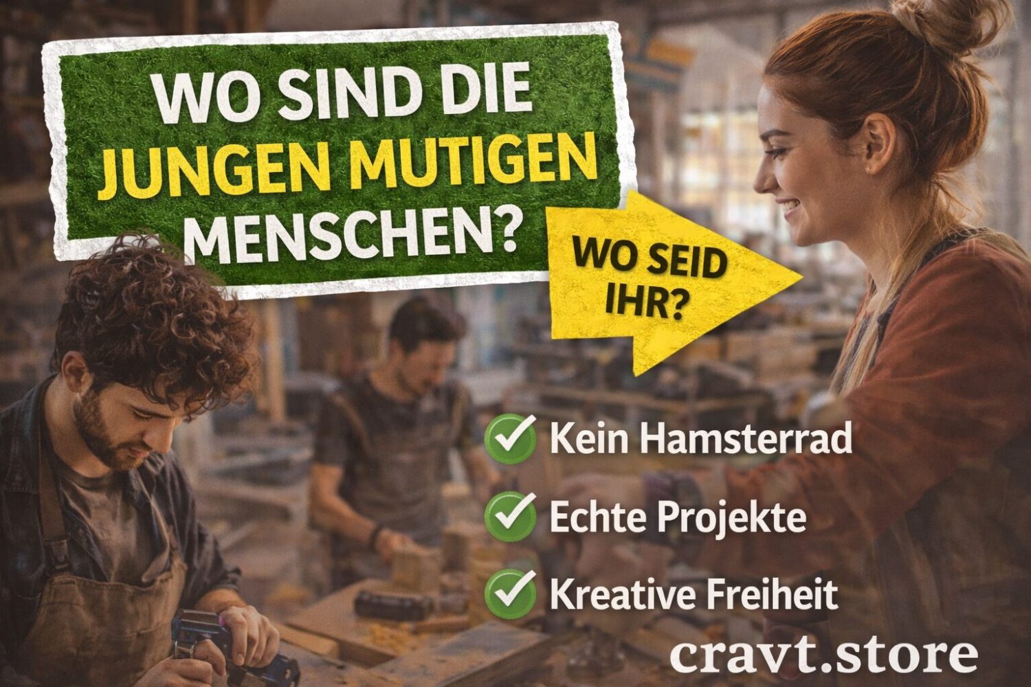 creative space deutschland, kreative menschen gesucht deutschland, startup mitarbeiter gesucht kreativ, handwerk kreative jobs deutschland, alternative zum 9 to 5 job deutschland, raus aus dem hamsterrad arbeit, leidenschaft arbeit finden deutschland, kreative jobs ohne ausbildung deutschland, startup team gesucht deutschland, unternehmer mindset deutschland, kreative projekte deutschland handwerk, handmade business mitarbeiten, startup wachsen mit team deutschland, junge menschen arbeit sinn suchen, alternative arbeitsmodelle deutschland, selbstständig werden ideen deutschland, kreative community deutschland, holzwerkstatt mitarbeiter gesucht, cravt.phnx.dev team gesucht, kreativ arbeiten deutschland