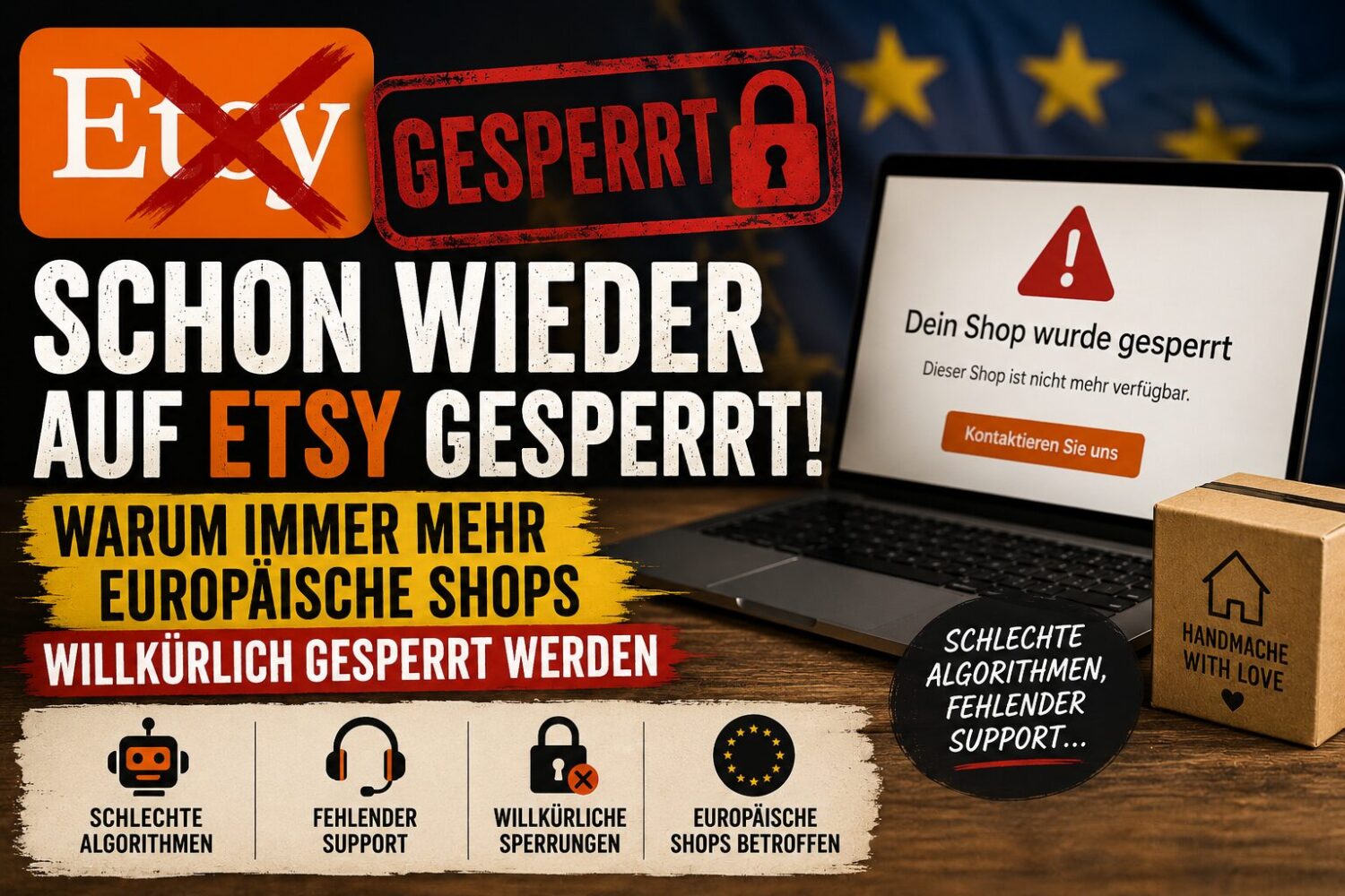 Etsy Shop gesperrt, Etsy Sperrung, Etsy Verkäufer Probleme, Etsy Support schlecht, Etsy Algorithmus, Etsy Account gesperrt, Etsy Shop deaktiviert, Etsy Verkäufer Deutschland, Etsy Probleme 2026, Etsy Verkäufer Erfahrungen, Etsy Auszahlung eingefroren, Etsy Sperrung ohne Grund, Etsy europäische Shops, Etsy Seller Probleme, Etsy Plattform Kritik, Etsy automatisierte Sperrung, Etsy Account wiederherstellen, Etsy Verkäufer Frust, Etsy Shop plötzlich gesperrt, Etsy Algorithmus Fehler, Etsy Alternative, eigener Online Shop, WooCommerce statt Etsy, Shopify Alternative Etsy, Etsy Marktplatz Probleme, Etsy Verkäufer Community