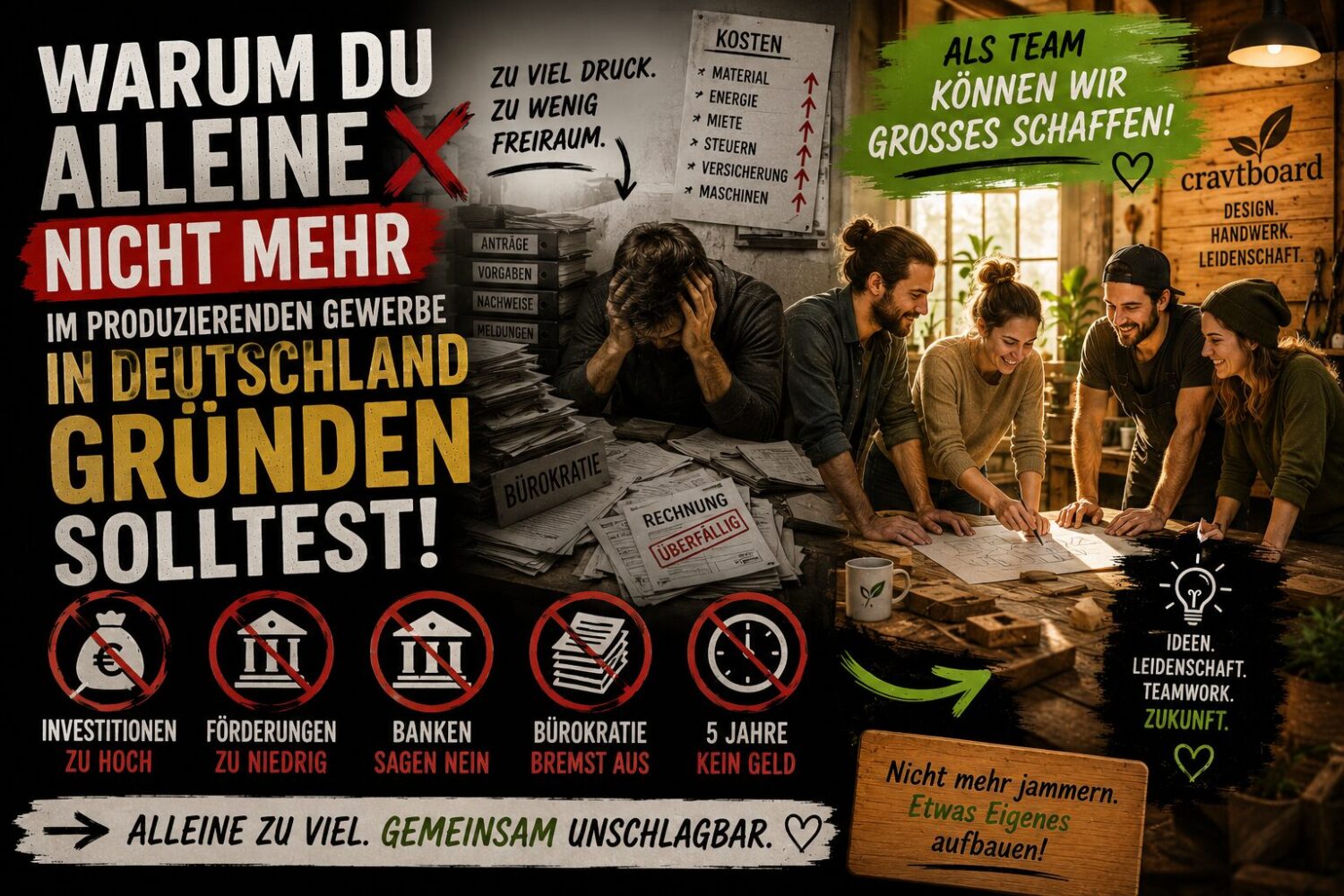 alleine gründen produzierendes Gewerbe, produzierendes Gewerbe Deutschland, Startup Produktion Deutschland, Gründer produzierendes Gewerbe, Handwerksbetrieb gründen, Produktion Startup Deutschland, Unternehmertum Deutschland, Gründeralltag Produktion, Investitionen Produktion, Maschinen Finanzierung, Bürokratie Deutschland Unternehmen, Förderungen für Gründer, Finanzierung Startup Deutschland, Team statt Einzelkämpfer, Unternehmensgründung Deutschland, Handwerk Startup, Werkstatt gründen Deutschland, produzierendes Unternehmen aufbauen, kleine Manufaktur gründen, Unternehmer Realität, Startup Finanzierung Probleme, Gründer Herausforderungen, Produktion Deutschland, Handwerk und Unternehmertum, kreative Gründer gesucht, Teamgründung Deutschland, gemeinsam gründen, Mitgründer gesucht, Startup Team aufbauen, kreative Unternehmer, Designschmiede Deutschland, nachhaltige Produktion Deutschland, Werkstatt Alltag, Gründerleben Deutschland, Startup Bürokratie, Maschinen kaufen Unternehmen, Investoren für Startups, Handwerksunternehmen aufbauen, Startup ohne Kapital, Unternehmertum ehrlich, Business Realität Deutschland, Produktionsbetrieb gründen, Handwerk Zukunft Deutschland, kleine Unternehmen Deutschland, kreative Kollektive, nachhaltige Unternehmen Deutschland, Gründer Blog Deutschland, Teamarbeit Unternehmertum, Startup Motivation, gemeinsames Gründen Deutschland