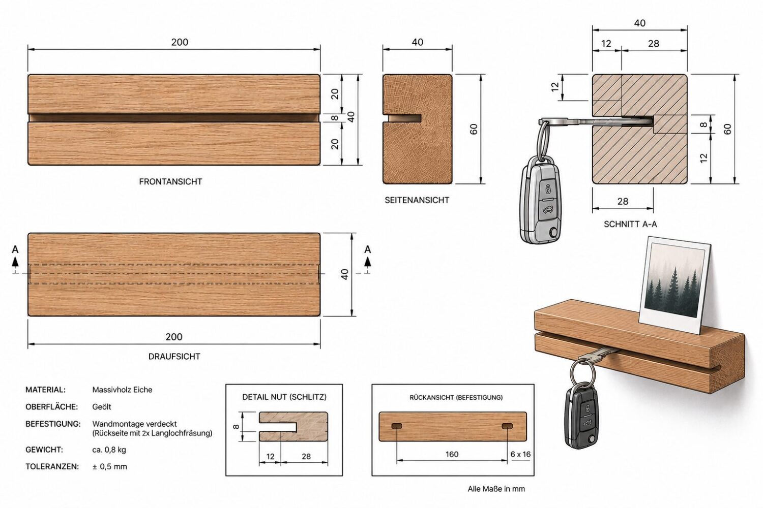 Schlüsselhalter aus Eiche Massivholz mit Schlitzfach & Wandmontage – 20 x 4 x 6 cm – Bild 3
