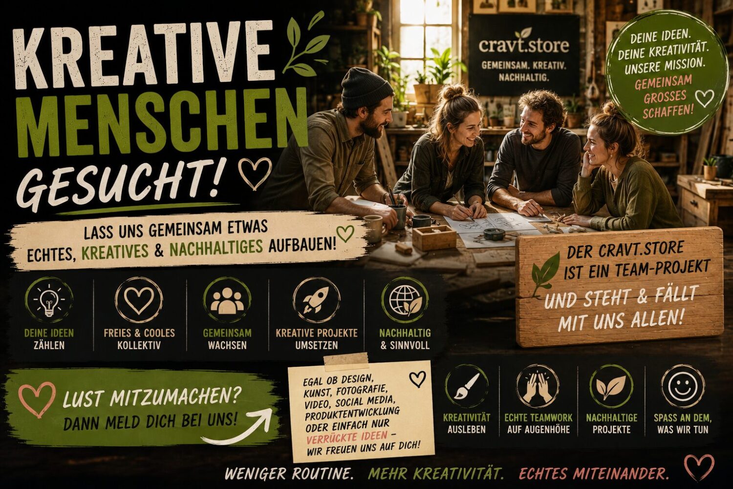 Der cravt.phnx.dev sucht kreative Menschen mit Ideen, Leidenschaft und Visionen. Gemeinsam wollen wir ein freies kreatives Kollektiv für Design, Kunst und nachhaltige Projekte aufbauen.