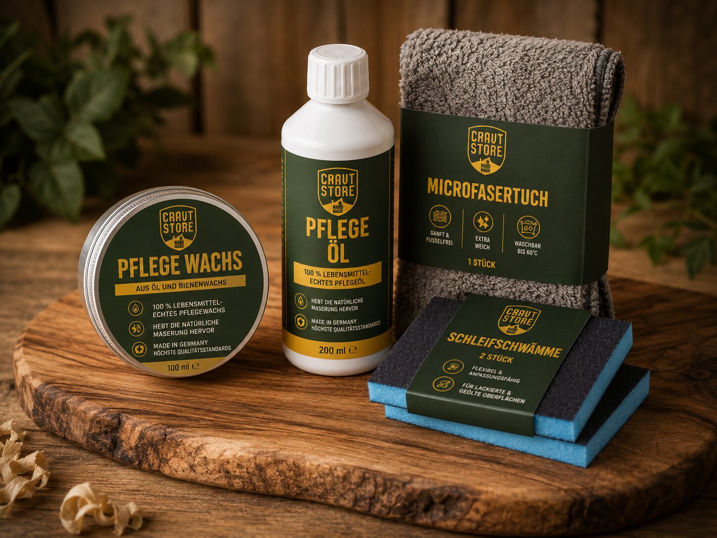 Holz Pflege Set, Holzpflege, Pflegeöl Holz, Holzwachs, Schneidebrett Pflege, Bienenwachs Holz, Holzöl, Möbelpflege, Pflege Set Holz, Holzpflege Geschenk, Made in Germany, lebensmittelecht, Holzpflege Premium